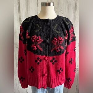Vintage Handknit‎ Folk 3D Floral Appliqué Cardigan sweater Unique